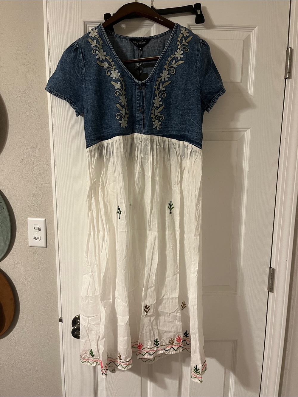 Denim and White Embroidered Midi Dress - Women's